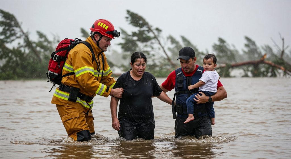 Firefighter rescuing a family from a flood